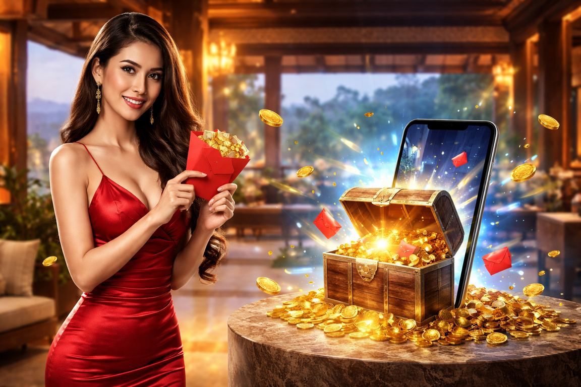 Model memegang amplop merah tanda bonus dalam suasana festival Vietnam yang meriah