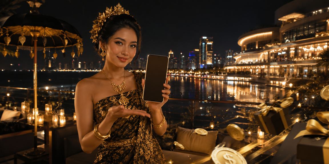 Suasana pantai tropis dengan latar hadiah cashback bonus dari platform taruhan online